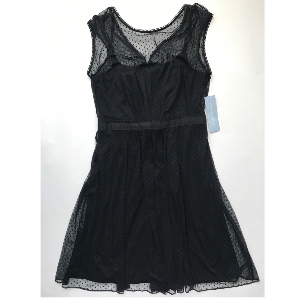 London Times Sz12 Black Sleeveless Polka-Dot Dress